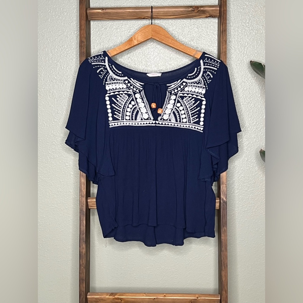 Navy Blue Women's Blouse with White Embroidery